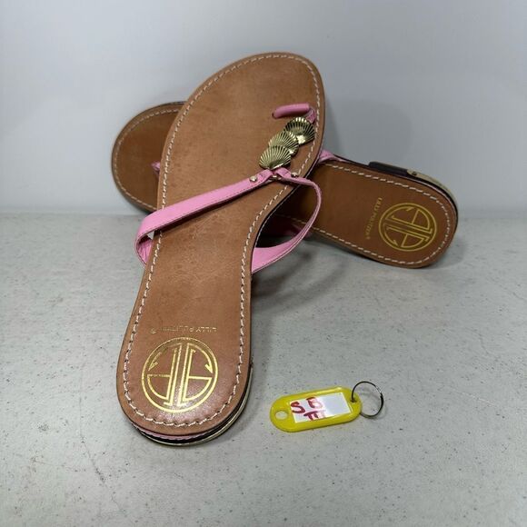 Lilly Pulitzer via Palm Beach Pink Leather Thong Sandals w/Gold Shells - Sz 10M - Picture 1 of 7
